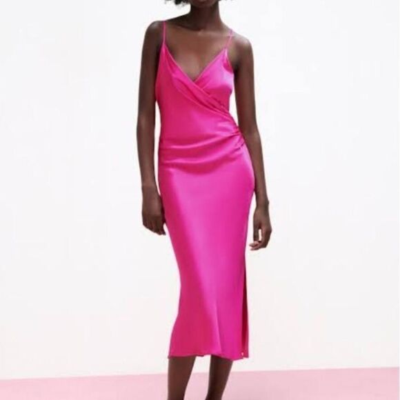 ZARA DRAPED CAMISOLE SLIP DRESS FUCHSIA Size M - Picture 1 of 7